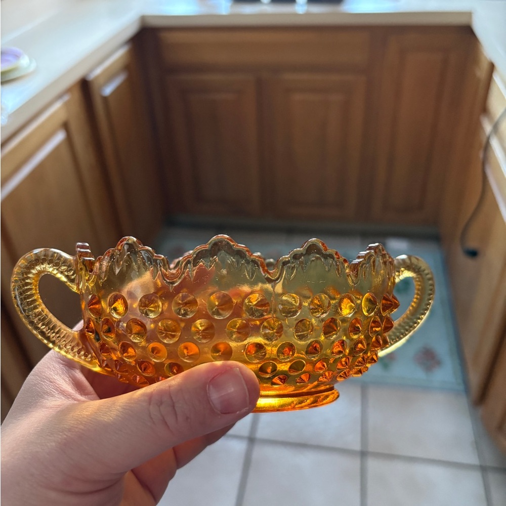 Fenton Colonial Amber Hobnail scalloped edge Glass oval nut dish EUC